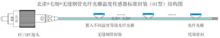 北諾100攝氏度毛細無縫鋼管串式（陣列式）光纖光柵傳感器（01型）結構圖